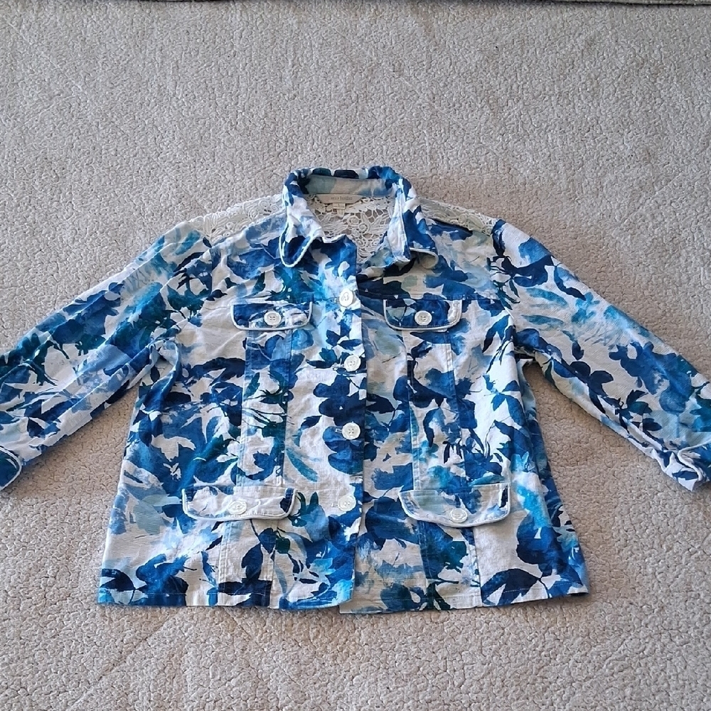 Erin London Blue and White Lace Detail Top